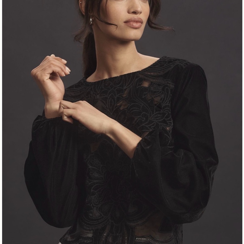Anthropologie Black Velvet Floral-Appliqué Blouse